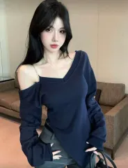 オフショルダー Vネック 長袖 Tシャツ ネイビー