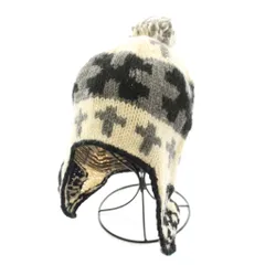 グレースハット grace hats ニット帽 ポンポン 総柄 ウール アイボリー グレー 黒 ブラック /YT
