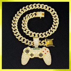 ゲームコントローラー ブリンブリン ギラギラ ゴールド マイアミキューバンリンク ジルコニア CZダイヤモンド ラインストーン ネックレス ペンダント ヒップホップ パンク ストリート 13mm 50cm メンズ レディース ユニセックス 新品未使用品