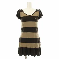 バーバリーブルーレーベル BURBERRY BLUE LABEL ニットワンピース ミニ 半袖 Vネック ボーダー柄 切替 フリル ロゴ 刺繍 ウール混 38 茶 ブラウン /KU