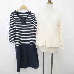サマンサモスモス SM2 PetitEditer ブラウス ワンピース 2枚セット 長袖 七分袖 カシュクール リボン ヘンリーネック ひざ丈 レース ボーダー クリーム 紺 ネイビー F M