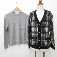 ユニクロ UNIQLO ジーユー GU ニット カーディガン 2枚セット 長袖 丸首 Vネック チェック柄 グレー 黒 白 ブラック ホワイト M