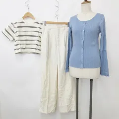 ジーユー GU アプレジュール apres jour カーディガン スラックス カットソー 3枚セット 長袖 丸首 ロング丈 タック 半袖 ショート丈 ボーダー 青 白 黒 ブルー ホワイト ブラック M F