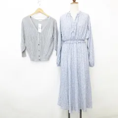 ジーユー GU ワンピース カーディガン 2枚セット 長袖 七分袖 ロング丈 フレア ペチコート付 透かし編み Vネック 花柄 青 緑 ブルー グリーン M