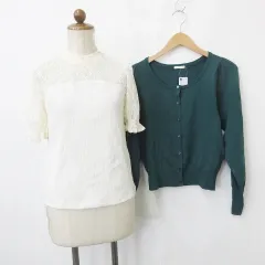 ジーユー GU カットソー カーディガン 2枚セット 半袖 長袖 レース 切替 丸首 綿 白 緑 ホワイト グリーン M