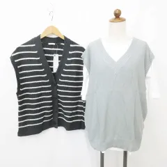 ペアペア PairPair ジーユー GU アンサンブル ベスト Tシャツ 3枚セット Vネック プルオーバー 前あき 半袖 丸首 ニット ボーダー 青 白 緑 ブルー ホワイト グリーン M