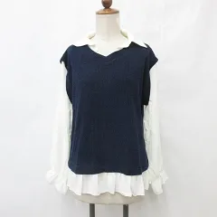 アクシーズファム axes femme ブラウス 長袖 レイヤード風 プルオーバー ニット リボン フリル 白 紺 ホワイト ネイビー M