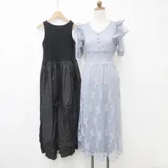 グレイル GRL ワンピース 2枚セット 半袖 ノースリーブ ロング丈 レース袖 ニット フレア 花柄 青 黒 ブルー ブラック S