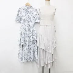 グレイル GRL ワンピース 2枚セット セットアップ キャミワンピ ニットベスト ロング丈 ティアード 半袖 ハイネック リボン 花柄 ベージュ グレー S