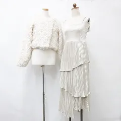 グレイル GRL ワンピース ジャケット 2枚セット キャミワンピ ロング ティアード リボン ショート丈 フェイクファー ベージュ 白 ホワイト F