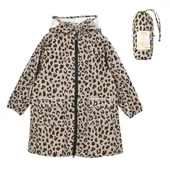 [キウ] キッズレインコート KIDS RAIN COAT 防水 撥水 はっ水 耐水 雨対策 台風 梅雨 レインポンチョ 子供 子ども カッパ 雨具 雨ガッパ 雨合羽 袖付き 収納袋 ポケット 通園 通学 幼稚園  [カラーレオパード] [Free Size]