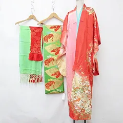 和服 着物 七五三 セット 四つ身 女の子 七歳 袋帯 帯揚げ しごき 鶴 蝶 朱色 赤 ピンク 緑 ゴールド