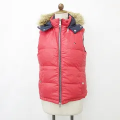 トミーヒルフィガー TOMMY HILFIGER ダウンベスト リバーシブル ジップアップ フード フェイクファー ロゴ 赤 紺 レッド ネイビー M
