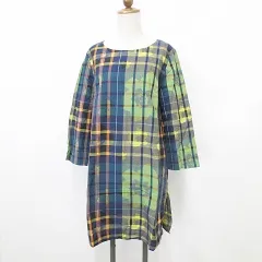 タバサ TABASA チュニック ひざ丈 ボートネック 長袖 チェック 総柄 綿 紺 緑 黄 ネイビー グリーン イエロー 32