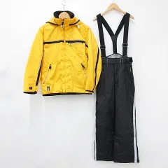 デサント DESCENTE セットアップ スキー スノーボードウェア スポーツウェア ジャケット パンツ ジップアップ ロゴ ロング 中綿 黄 黒 イエロー ブラック S