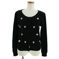 ミーア MIIA カーディガン ラウンドネック 長袖 花 スタッズ コットン混 ブラック 黒 ベージュ F