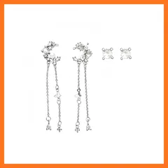 【新品】 LTPSAHEZK クリスタル蝶モチーフ ドロップピアスセット, ジルコニア&パール付き, チェーンタッセル, シルバー レディース