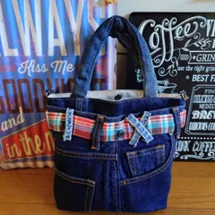 196☆USEDダークデニムリメイク☆トートバッグ☆リメイクデニム☆古着リメイク☆ジーンズバッグ☆