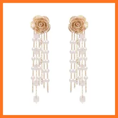 【新品】 ピアス 花柄 パールチェーン 両耳 垂れ下がり レトロ ゴールド レディース 薔薇 2way おしゃれ かわいい アクセサリー 1