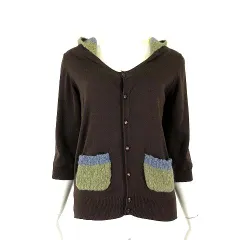 スーパーハッカ SUPER HAKKA カーディガン パーカー ニット かぎ編み 異素材 切替 配色 フード ポケット 7分袖 M 茶 ブラウン マルチカラー