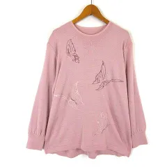 日本製 ニット セーター 蝶 刺繍 ラインストーン ウール 長袖 L ピンク 