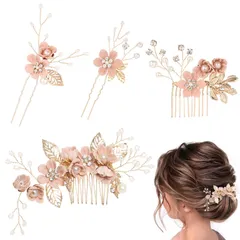 特価 パール 花 ヘッドドレス 4点セット 造花飾り ヘアコーム 成人式 ヘアアクセサリー 七五三 披露宴 和装髪飾り パーティー 入学式 髪飾り (Pink)