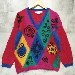 【美品】THE LIMITED　ヴィンテージ マルチカラー 総柄 モヘアニット　Sサイズ　刺繍　毛足長め　Ｖネック　古着　VINTAGE