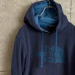 【USED】US 古着 THE NORTH FACE プルオーバー パーカー M ネイビー×ブルー フロントロゴ 裏起毛 古着 ノースフェイス アウトドア ストリート USA古着 メンズ  アメカジ フーディ ビッグロゴ ノース フェード ロゴパーカー