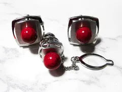 天然石 赤珊瑚(染)タイピン・カフスボタンセット　　260101053