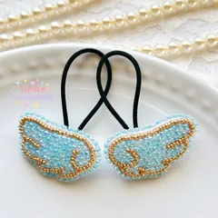 【キッズヘアゴム】キラキラ天使のはねのビーズ刺繍ヘアゴム 2つセット｜ゴールド×ブルー 青 水色｜お出かけ、プレゼントにも
