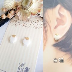 King×cat 왕관 흰 고양이 피어싱 귀걸이 화이트