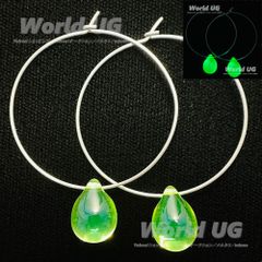 ウランガラス チタンフープピアス 緑色黄色2色 ペアドロップ 希少