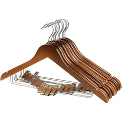 10本セット クリップ付きハンガー スーツ ジャケット コート用 手作 夢の家木製スーツハンガー 天然高級木 (茶色 10)