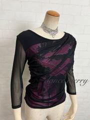 新品 社交ダンス 紺 ネイビー トップス シフォン バルーン袖 ワルツ