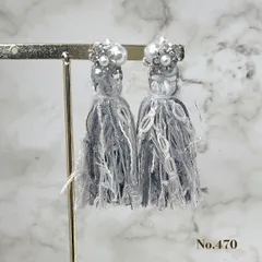 No.470 パール　フラワー　グレー　引き揃え糸　タッセル　ピアス/イヤリング