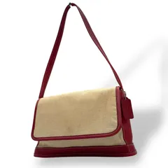 コーチ COACH キャンバス レザー ショルダーバッグ ワンショルダー 6114 ベージュ 赤 レッド フラップデザイン ロゴチャーム付き 上品カラー U17