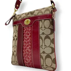 【美品】コーチ COACH クリスティン シグネチャー スウィングパック ショルダーバッグ 斜め掛け ポシェット キャンバス レザー ブラウン レッド 赤 ターンロック 軽量 薄型 旅行 サブバッグ レディース 鞄 カバン E5
