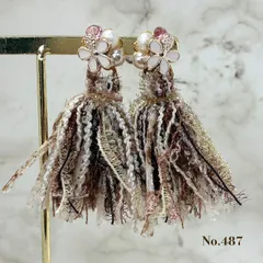 No.487 パール　フラワー　ブラウン　タッセル　ピアス/イヤリング