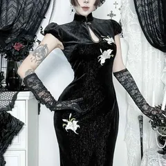 秋新作 新中華風 シルバー刺繍 ベルベット チャイナドレス レディース 暗黒系 セクシー 修身 シルエット チャイナワンピース 気品 高級感 モード ゴシック レトロ パーティー 舞台衣装 秋コーデ 黒