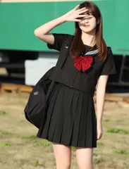 【大人気】セーラー服 上下セット 半袖 ブラック コスプレ 制服 本格的 コスチューム 3点セット [M/L]サイズ