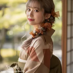 【テラコッタ×ゴールド】透け感リボンとパールの髪飾りセット｜成人式・卒業式・振袖・袴・編みおろし　OHANA