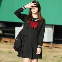 【大人気】セーラー服 上下セット 長袖 ブラック コスプレ 制服 本格的 コスチューム 3点セット [M/L]サイズ