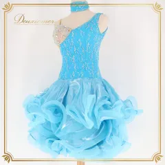 社交ダンス 衣装 白樺ドレス ラテン ドレス ワンピース フリル 水色 デモ 競技 ダンス パーティ 発表会 レース ボリューム かわいい ブルー系 ストレッチ フリルスカート ショートドレス 販売用 衣装ダンス おしゃれ フォーマル ステージ衣装