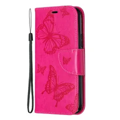 iPhone11Pro 手帳型スマホケース 型押し 蝶々 レザー 合皮 ストラップ付き マグネット開閉 カード収納 スタンド 閉じたまま通話可能