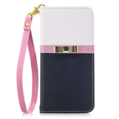 iPhone11Pro 手帳型スマホケース バイカラー リボン ベルトなし ハンドストラップ付き レザー 合皮 かわいい おしゃれ ミラー付き マグネット開閉 カード収納 スタンド