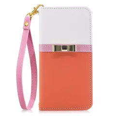 iPhone11ProMax 手帳型スマホケース バイカラー リボン ベルトなし ハンドストラップ付き レザー 合皮 かわいい おしゃれ ミラー付き マグネット開閉 カード収納 スタンド