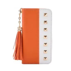 iPhone11ProMax 手帳型スマホケース スタッズ タッセルチャーム付き バイカラー ベルトなし マグネット開閉 ミラー付き カード収納 スタンド レザー 合皮 かわいい おしゃれ おすすめ