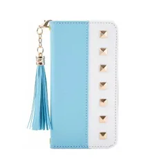 iPhone11ProMax 手帳型スマホケース スタッズ タッセルチャーム付き バイカラー ベルトなし マグネット開閉 ミラー付き カード収納 スタンド レザー 合皮 かわいい おしゃれ おすすめ