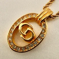 美品 クリスチャンディオール ネックレス CDロゴ オーバル型 ラインストーン GP ゴールドカラー