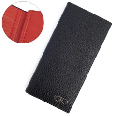 サルヴァトーレフェラガモ 66A069 リバイバル ダブルガンチーニ カーフスキン バイカラー ブラック レッド 二つ折り長財布 レザー シルバー金具 箱付 Salvatore Ferragamo（新品・未使用品）